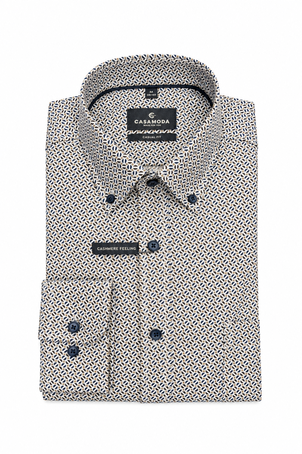 Casa Moda Casual Fit Long Sleeve Shirt - Beige/Navy