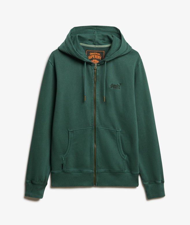 Superdry Essential Logo Washed Full Zip Hoodie - Forest Green