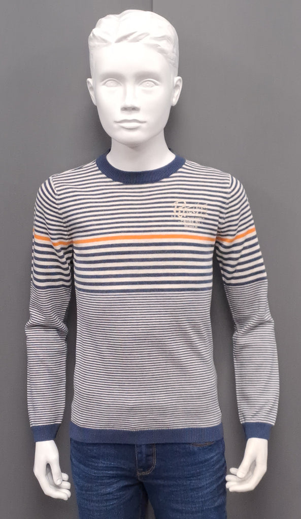 Boys Petrol Industries Striped Crew Neck Sweater - Petrol Blue/Cream