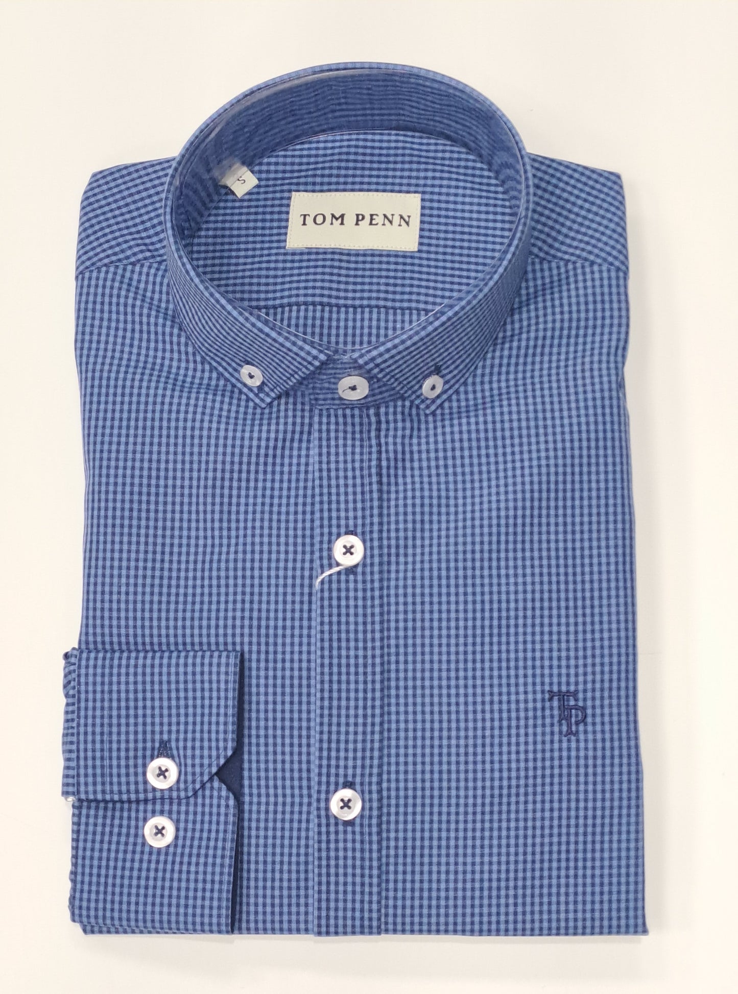 Tom Penn Small Checkered Long Sleeve Casual Shirt 876 - Navy