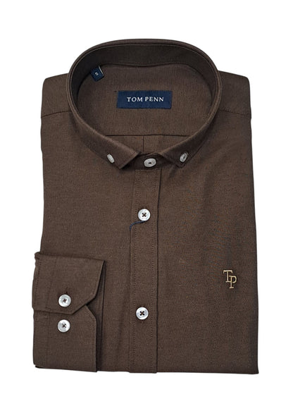 Tom Penn Long Sleeve Oxford Casual Shirt 330 - Brown