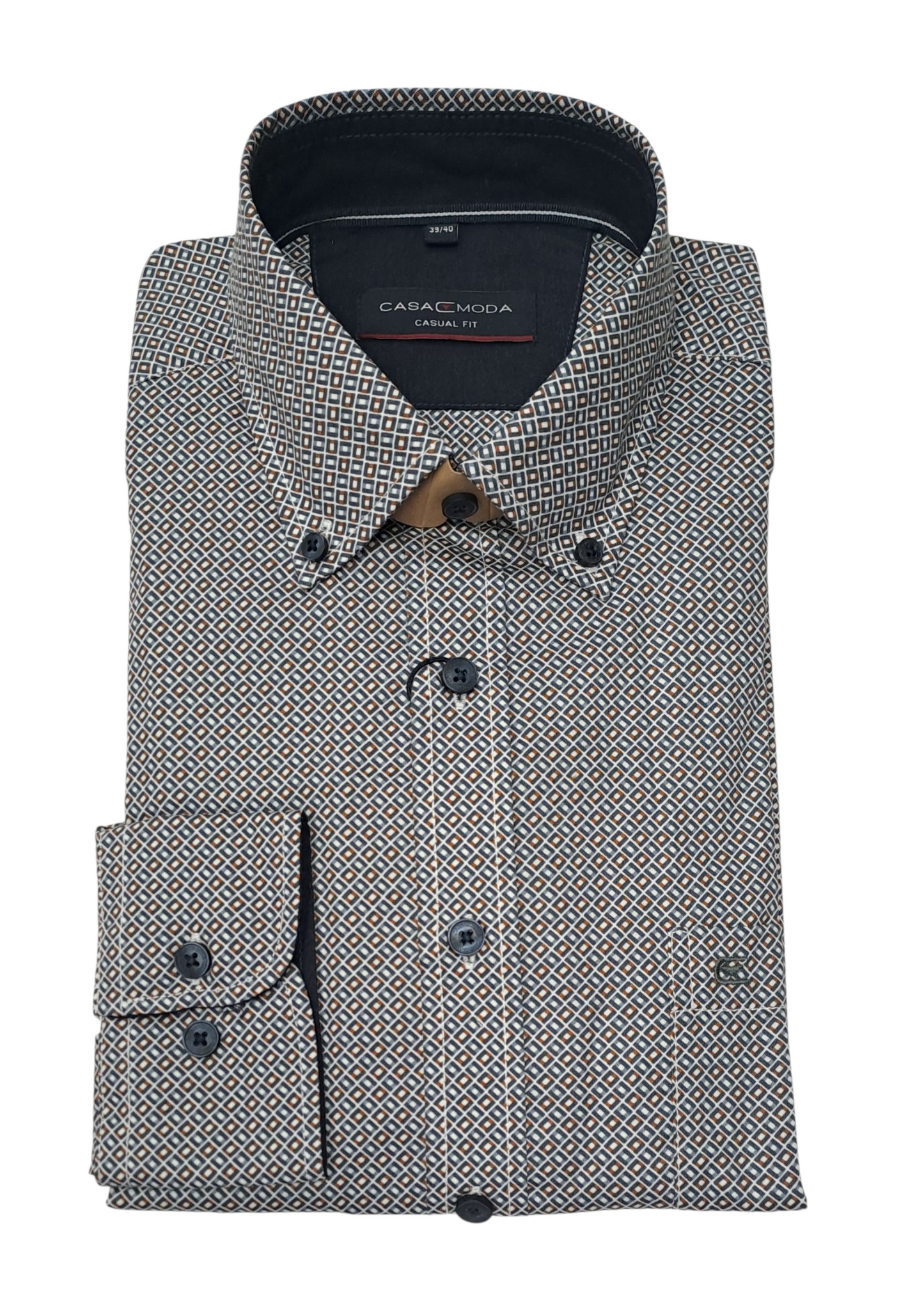 Casa Moda Diamond Print Long Sleeve Casual Shirt 700 - Navy/Rust
