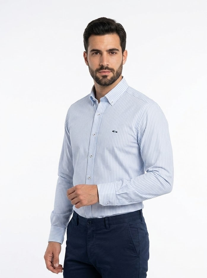 Dario Beltran Bueno Non-Iorn Striped Long Sleeve Casual Shirt - Blue