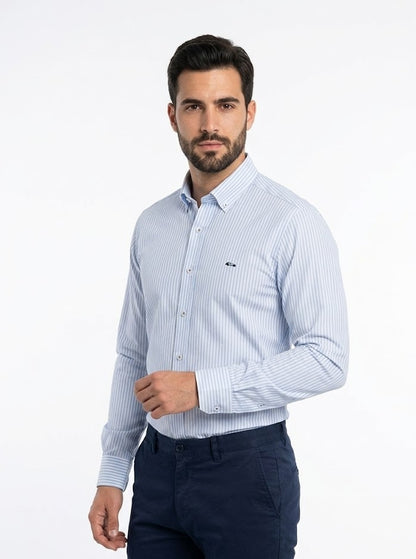 Dario Beltran Bueno Non-Iorn Striped Long Sleeve Casual Shirt - Blue