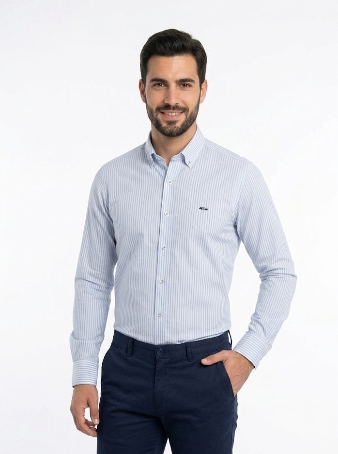 Dario Beltran Bueno Non-Iorn Striped Long Sleeve Casual Shirt - Blue