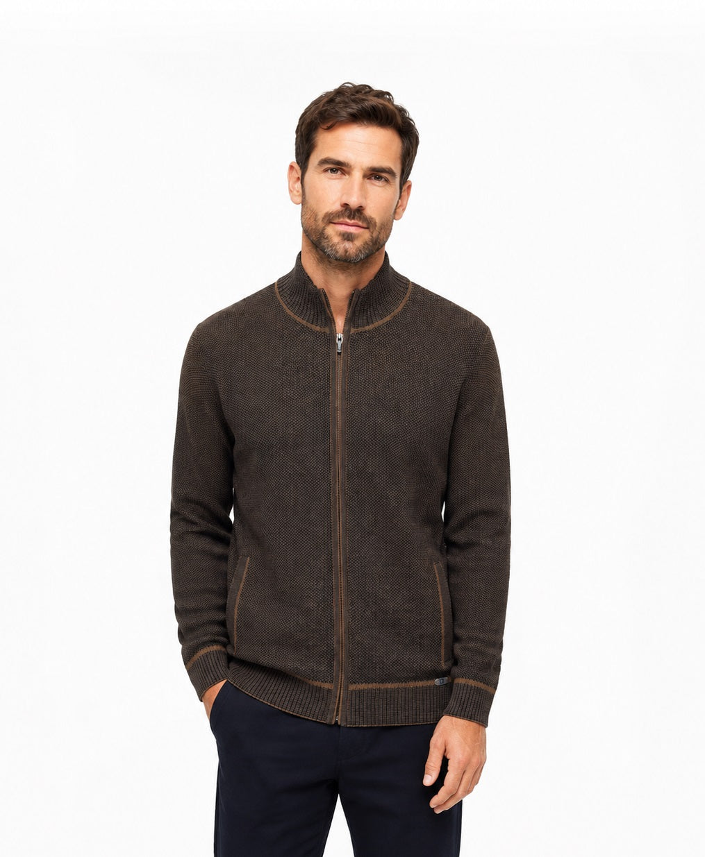Dario Beltran Full Zip Cardigan - Navy/Tan