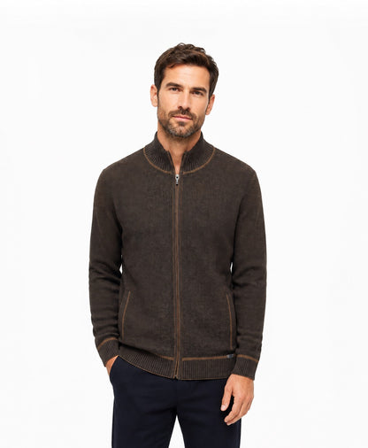 Dario Beltran Full Zip Cardigan - Navy/Tan