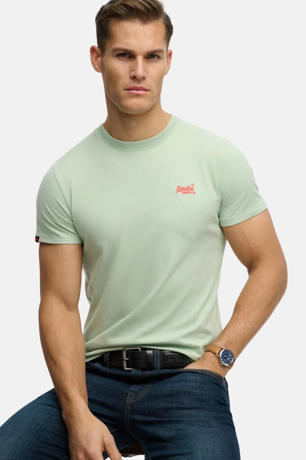 Superdry Cotton Essential Logo Embroidered T-Shirt - Cameo Green/Red
