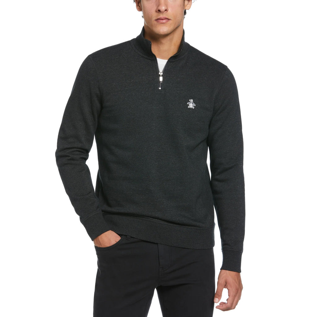 Original Penguin Sticker Pete Fleece Organic Cotton Half Zip Sweatshirt - Dark Charcoal Heather