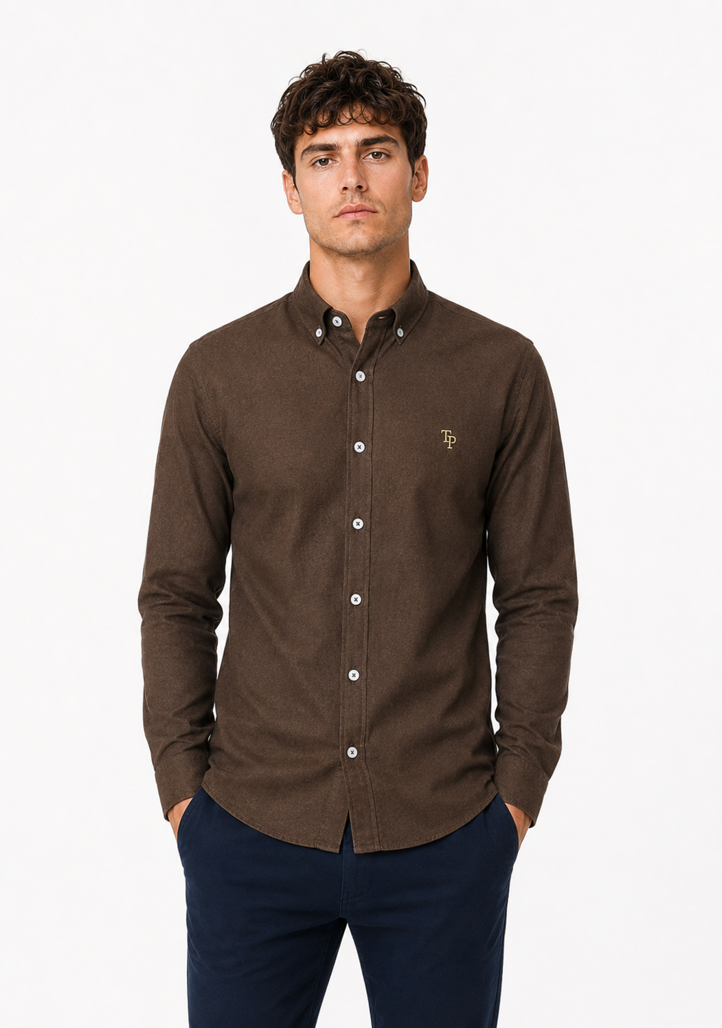Tom Penn Long Sleeve Oxford Casual Shirt 330 - Brown