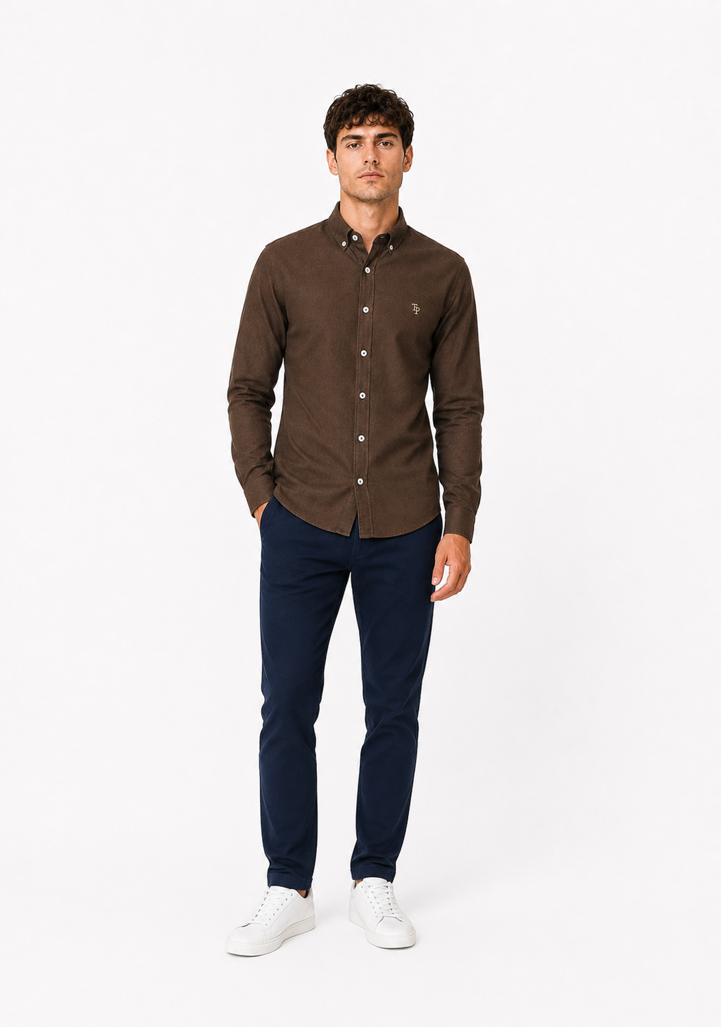 Tom Penn Long Sleeve Oxford Casual Shirt 330 - Brown