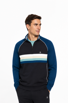Original Penguin Quarter Zip Colour Block Stripe Sweatshirt - True Black