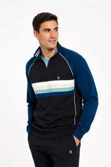 Original Penguin Quarter Zip Colour Block Stripe Sweatshirt - True Black