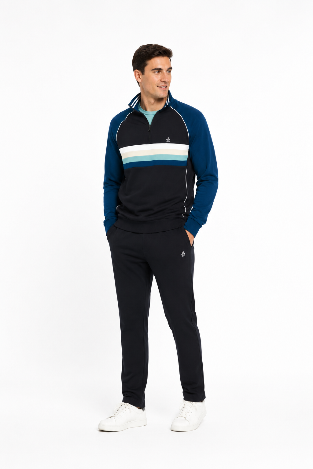 Original Penguin Quarter Zip Colour Block Stripe Sweatshirt - True Black