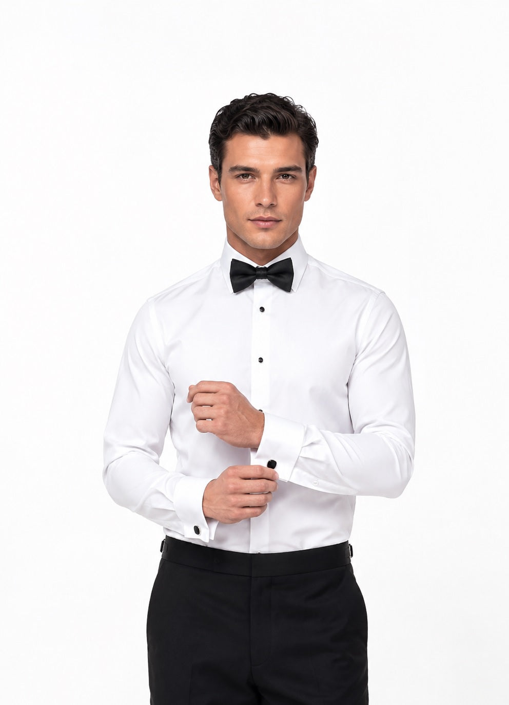 White Label Double Cuff Long Sleeve Tapered Shirt With Cufflinks - White