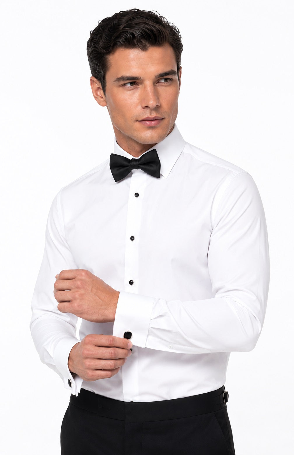White Label Double Cuff Long Sleeve Tapered Shirt With Cufflinks - White