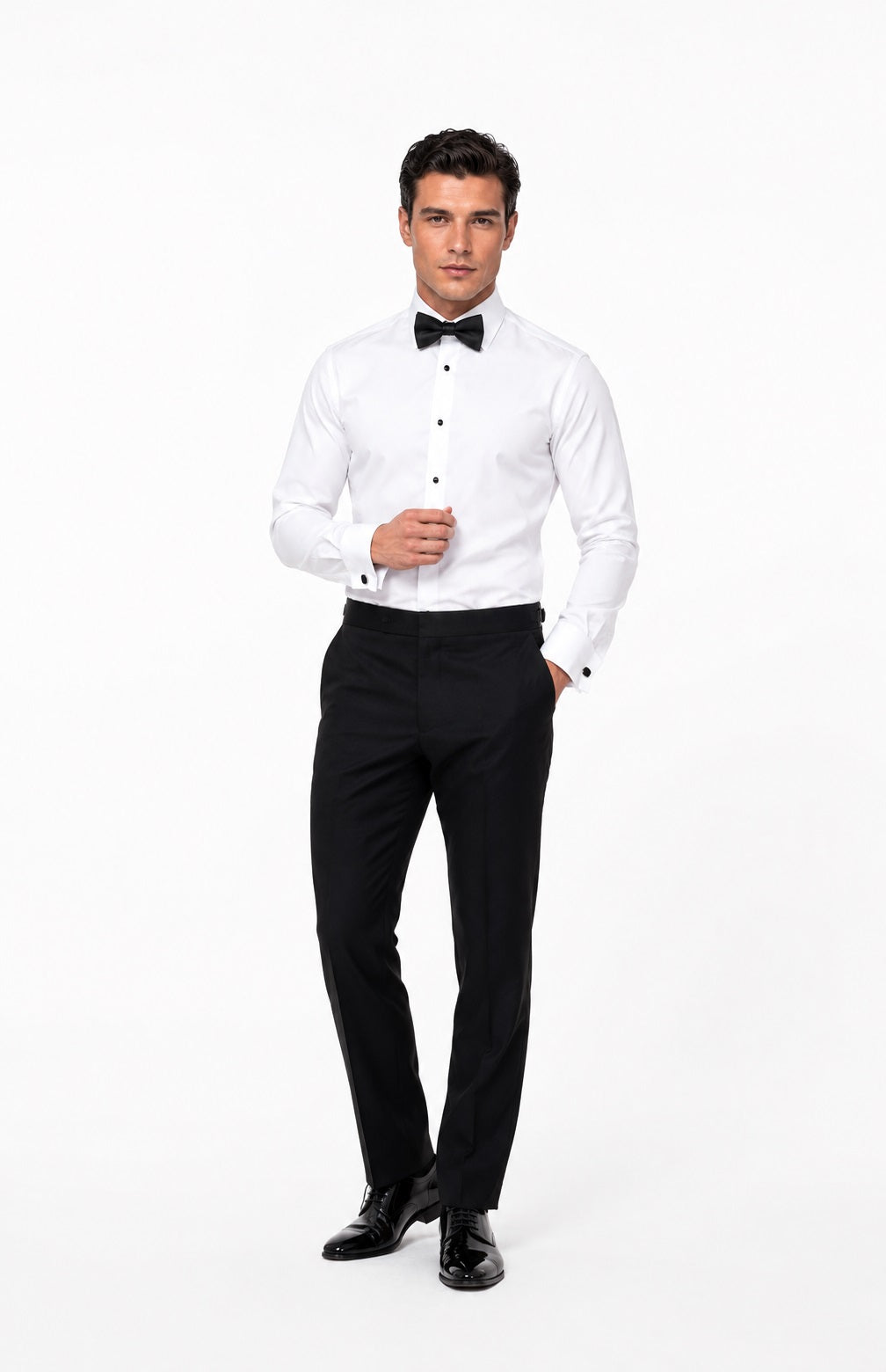 White Label Double Cuff Long Sleeve Tapered Shirt With Cufflinks - White