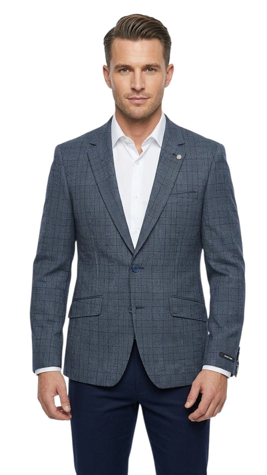 Remus Uomo Petro Checkered Tapered Fit Jacket - Blue