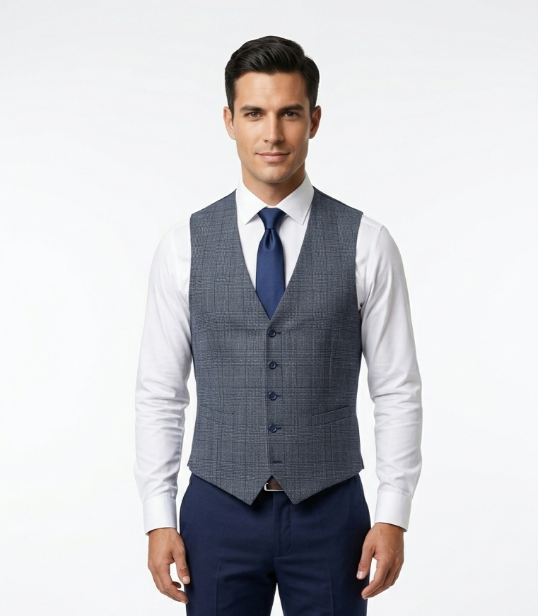 Remus Uomo Petro Tapered Fit Check Waistcoat - Blue