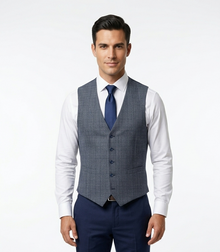 Remus Uomo Petro Tapered Fit Check Waistcoat - Blue
