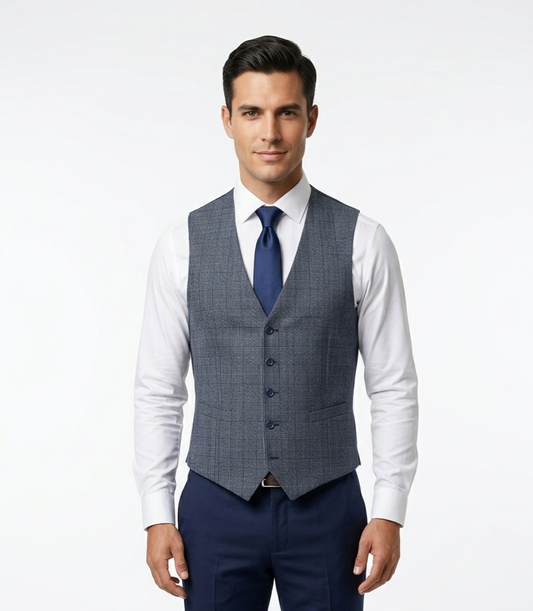 Remus Uomo Petro Tapered Fit Check Waistcoat - Blue