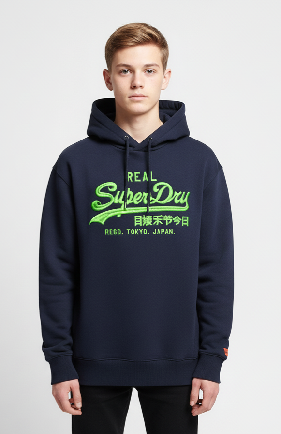 Superdry Unisex Vintage Logo Neon Relaxed Hoodie - Nautical Navy