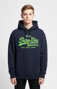Superdry Unisex Vintage Logo Neon Relaxed Hoodie - Nautical Navy