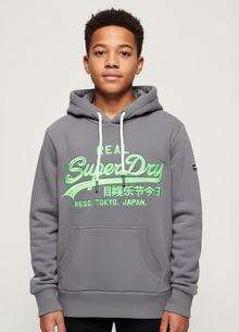 Superdry Unisex Neon Vintage Logo Embroidered Graphic Hoodie - Mid Grey