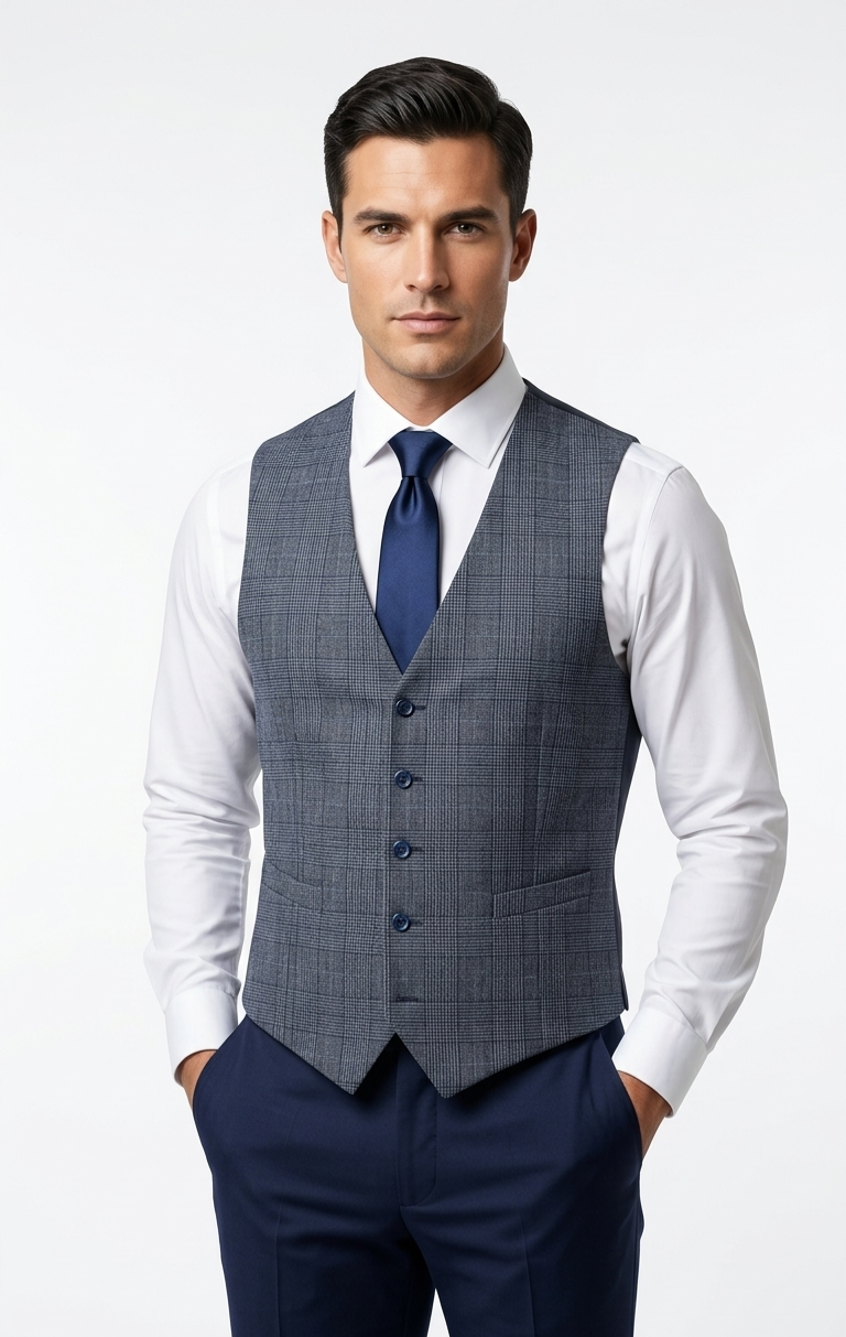 Remus Uomo Petro Tapered Fit Check Waistcoat - Blue