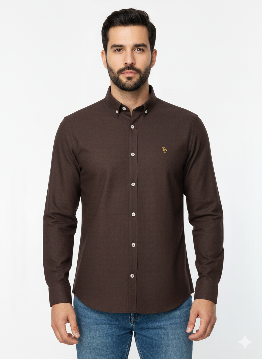 Tom Penn Long Sleeve Oxford Casual Shirt 330 - Burgundy