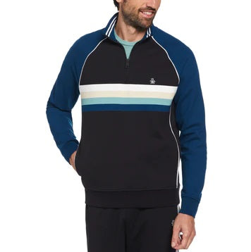 Original Penguin Quarter Zip Colour Block Stripe Sweatshirt - True Black