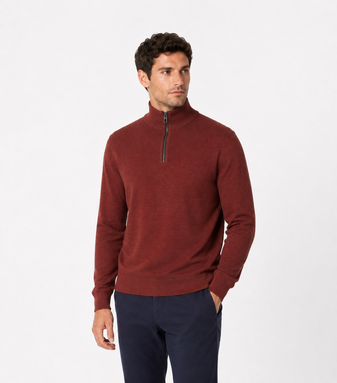 Casa Moda Half Zip Knitted Sweater 491 - Dark Red