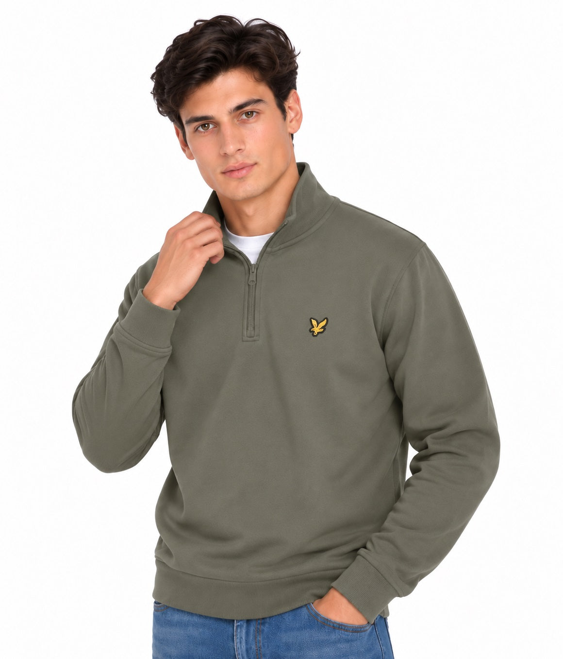 Lyle & Scott Cotton Loopback 1/4 Zip Sweatshirt - Khaki Ash