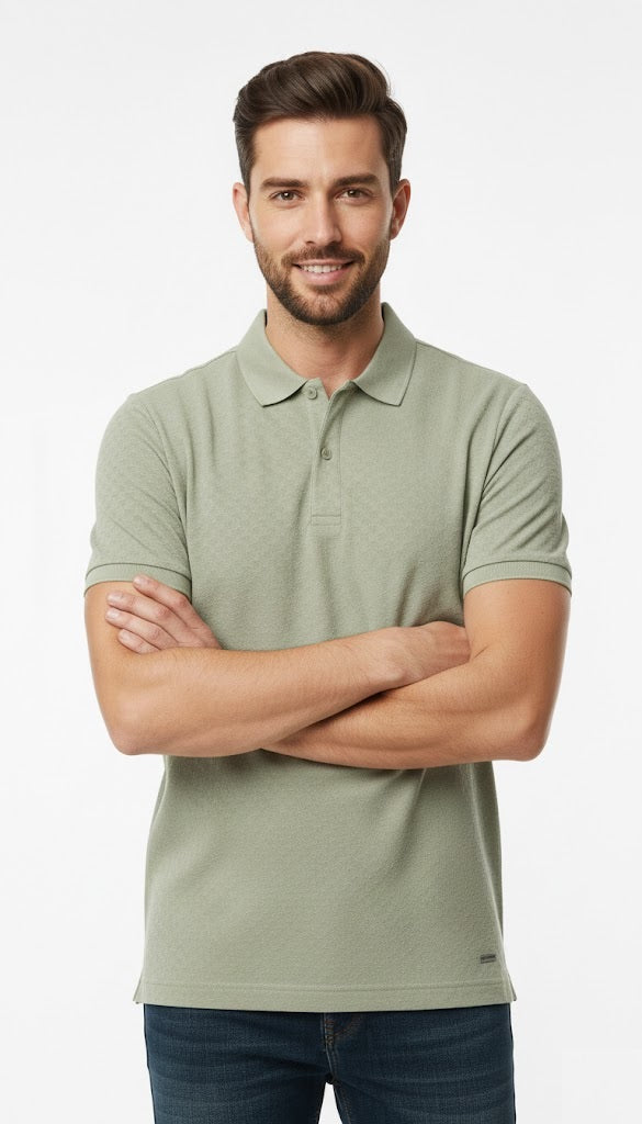 6th Sense Jacquard Short Sleeve Polo Shirt - Eucalyptus