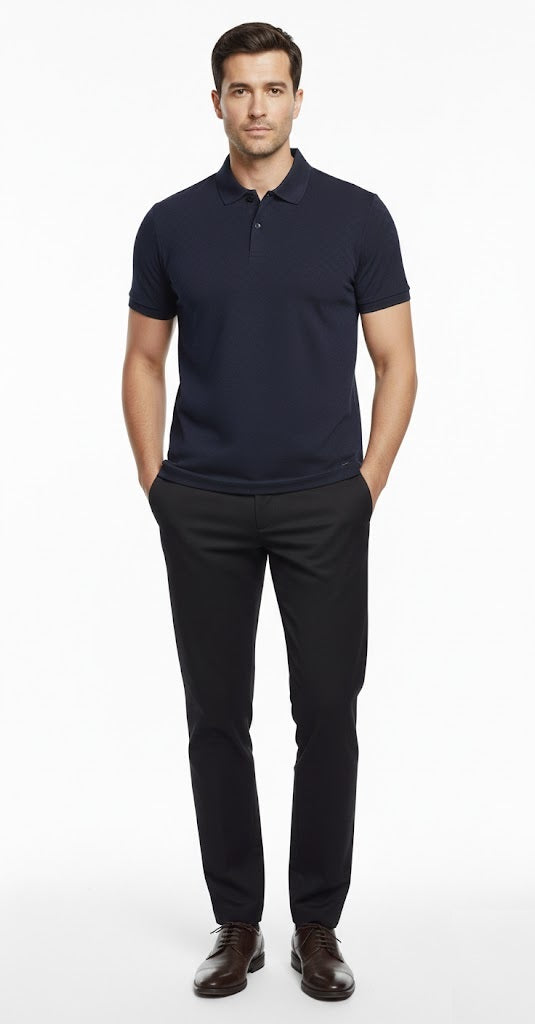 6th Sense Jacquard Short Sleeve Polo Shirt - Navy