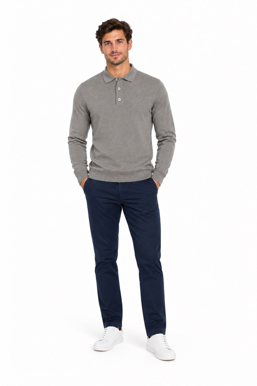 Remus Uomo Long Sleeve Polo Shirt - Light Grey