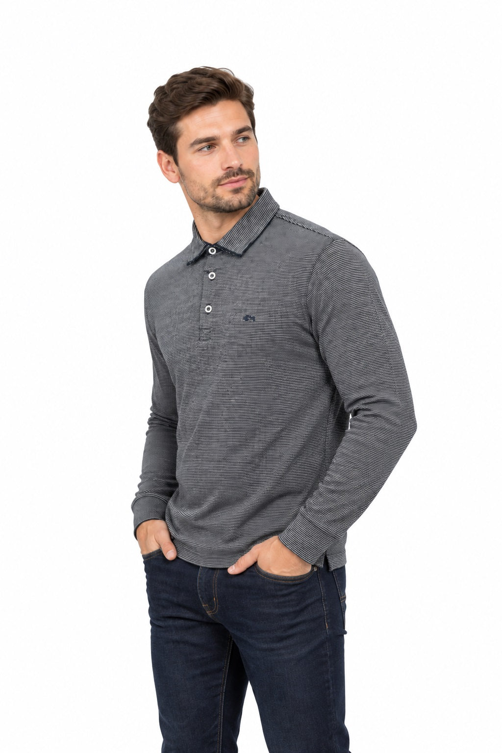 Dario Beltran Long Sleeve Polo Shirt - Grey/Navy