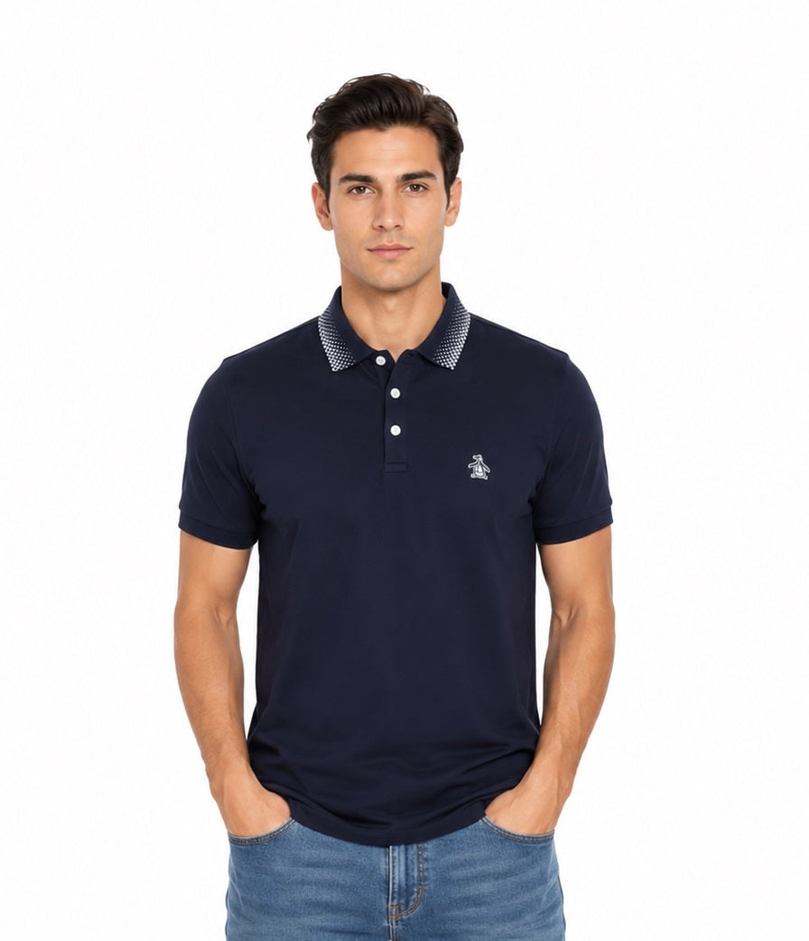 Original Penguin Checkered Collar Polo Shirt - Dark Sapphire