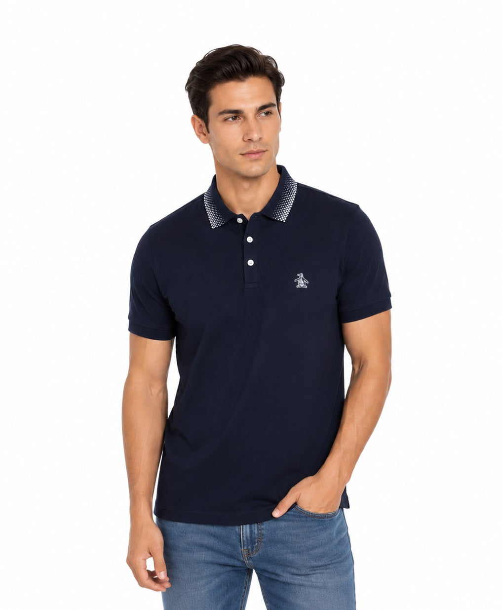 Original Penguin Checkered Collar Polo Shirt - Dark Sapphire