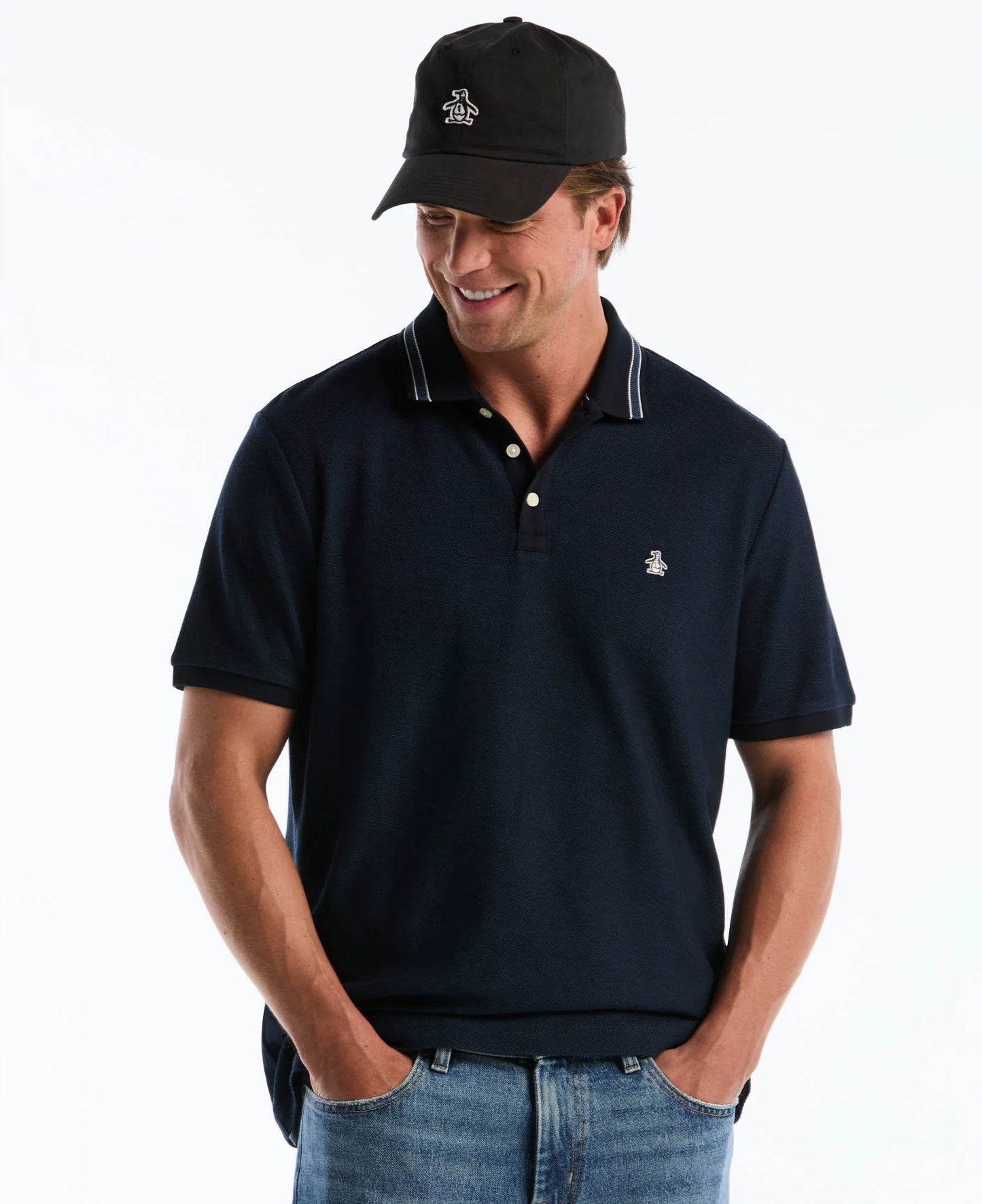 Original Penguin Honeycomb Jacquard Tipped Polo Shirt - Dark Sapphire