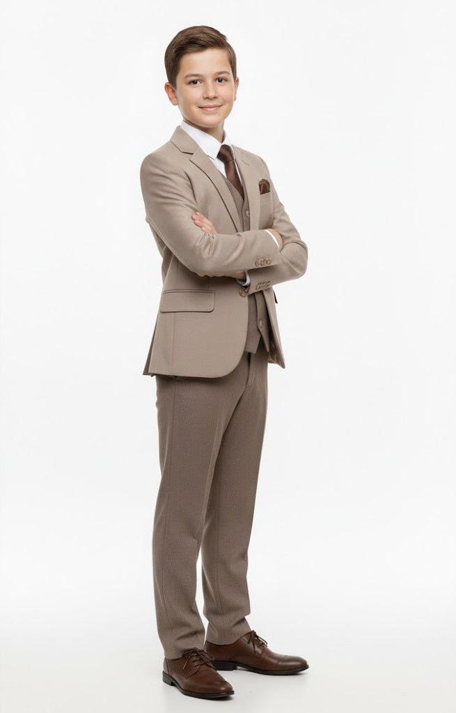 Boys Standar Pedro Slim 3 Piece Suit - Beige