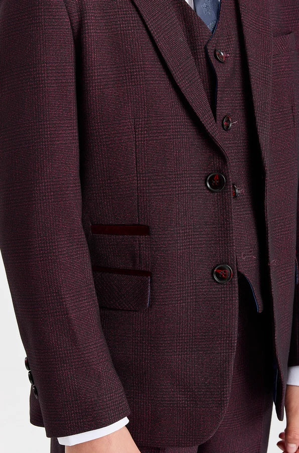 Boys Device Tailored Fit Regent 3 Piece Suit - Wine