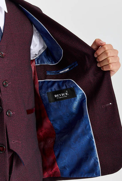 Boys Device Tailored Fit Regent 3 Piece Suit - Wine