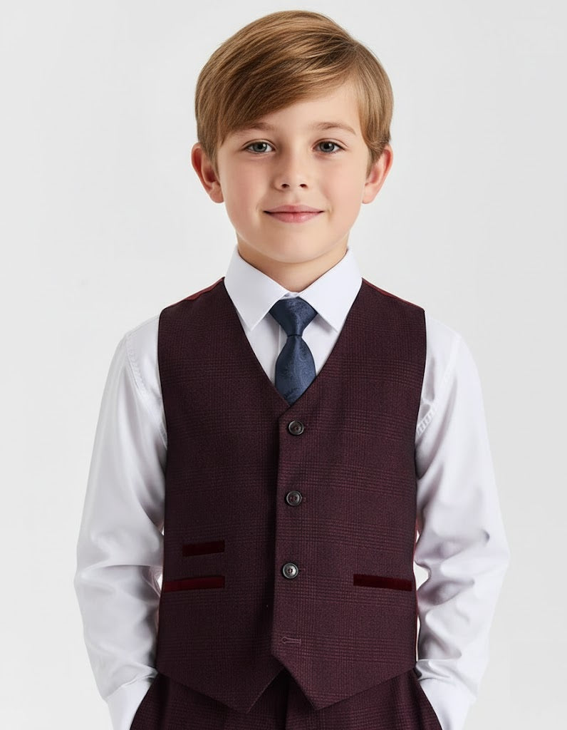 Boys Device Tailored Fit Regent 3 Piece Suit - Wine