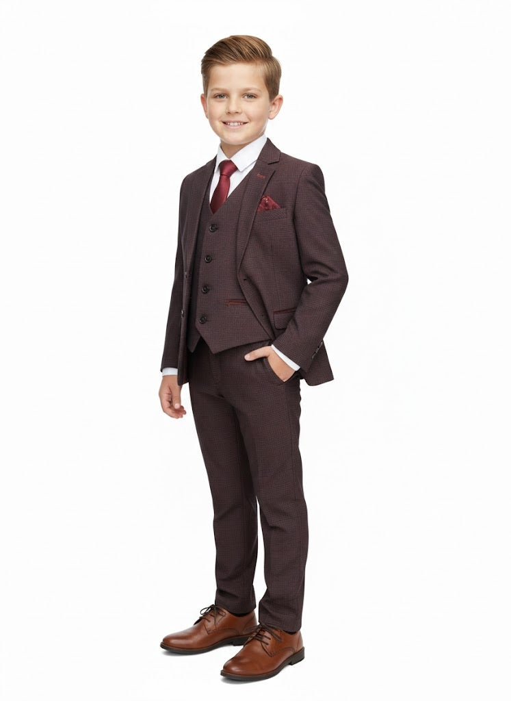 Boys Device Tailored Fit Regent 3 Piece Suit - Wine