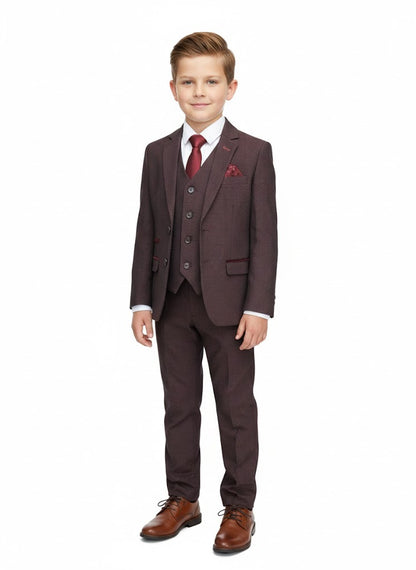 Boys Device Tailored Fit Regent 3 Piece Suit - Wine