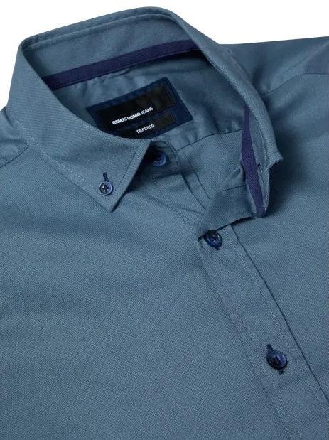 Remus Uomo Tapered Long Sleeve Oxford Casual Shirt - Blue