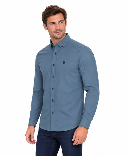 Remus Uomo Tapered Long Sleeve Oxford Casual Shirt - Blue