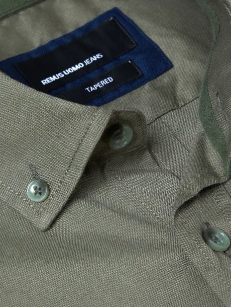 Remus Uomo Tapered Long Sleeve Oxford Casual Shirt - Green