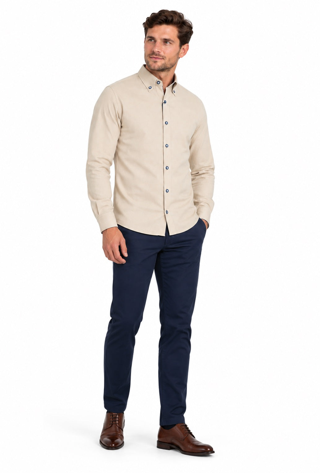 Andre Rhine Long Sleeve Oxford Casual Shirt - Beige
